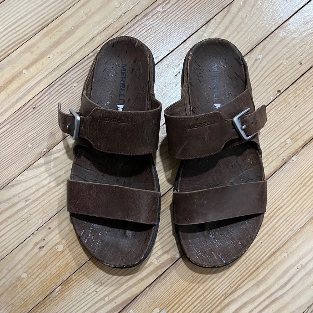 Merrell Leather Slide Sandals Womens 7 Brown Buckle Cork Footbed J03758 - Picture 5 of 9